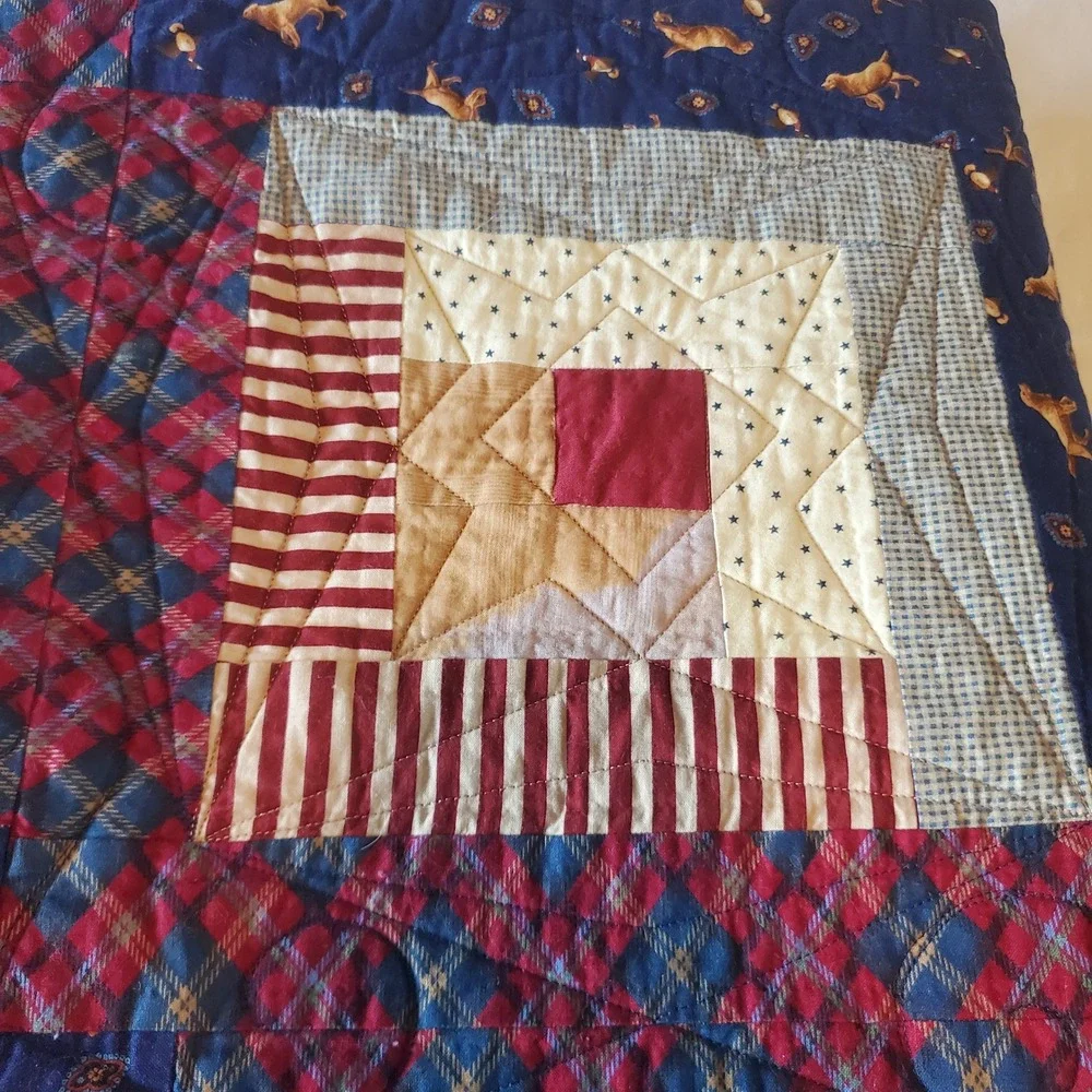 Handmade Log Cabin Patchwork Quilt Navy Blue Burgundy Plaid Dog Print 70x82
